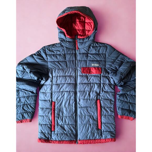 Columbia Men’s Lightweight Puffer Jacket Size M | Navy Red Hooded Insulated Coat - Picture 1 of 12